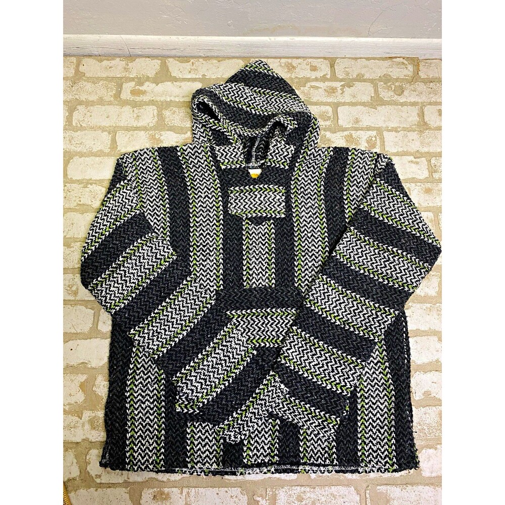 Earth Ragz Baja Hoodie Womens Small Black Green Striped Pullover Drug Rug Knit